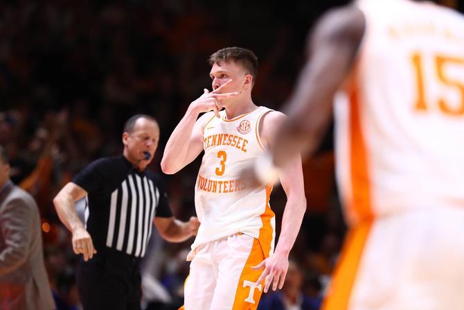 Former Tennessee men’s basketball star Dalton Knecht celebrates a three-pointer during a March 9th, 2024, game.