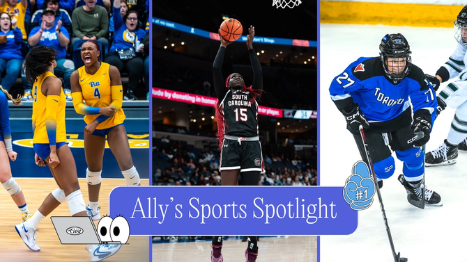 A graphic of Pitt volleyball players, a South Carolina basketball player, and PWHL hockey players