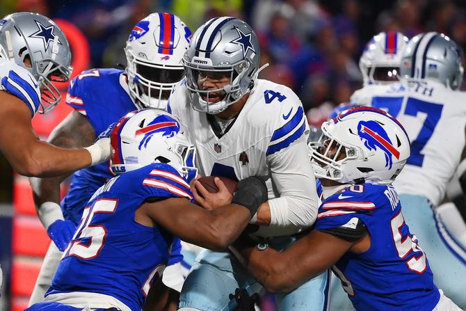 Dallas Cowboys quarterback Dak Prescott is sacked during his team’s loss to the Buffalo Bills.