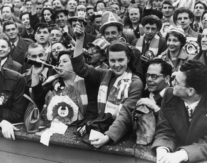 Arsenal fans dressed up at Wembley Stadium to see their team play Newcastle in the FA Cup final, 3rd May 1952