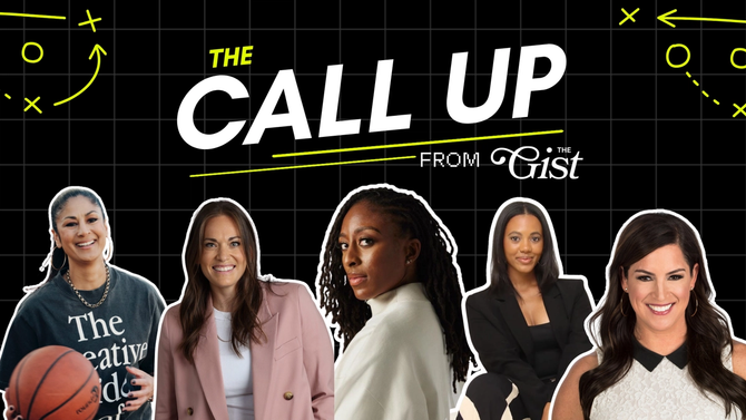 Graphic announcing “The Call Up from The GIST,” featuring five women on a black sports playbook-style grid background with neon yellow Xs, Os, arrows, and lines.