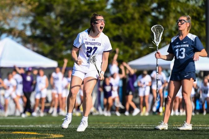 Northwestern lacrosse player Izzy Scane celebrates on the field