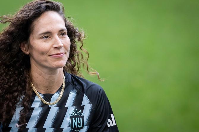 Sue Bird, Owner of NJ/NY Gotham FC and former WNBA legend wears a NJ/NY Gotham jersey as she serves as honorary captain for the National Women's Soccer League Women"s Empowerment Match against Angel City FC at Red Bull Arena on July 2, 2023 in Harrison, New Jersey.