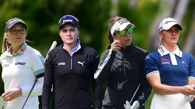 Brooke Henderson, Lexi Thompson, Georgia Hall, and Charley Hull looking on
