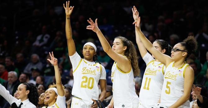 Members of the Notre Dame women’s basketball team react to a teammate’s three-pointer.