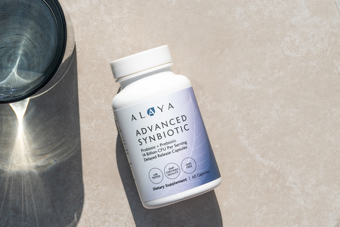 A bottle of Alaya Naturals supplements displayed on a counter