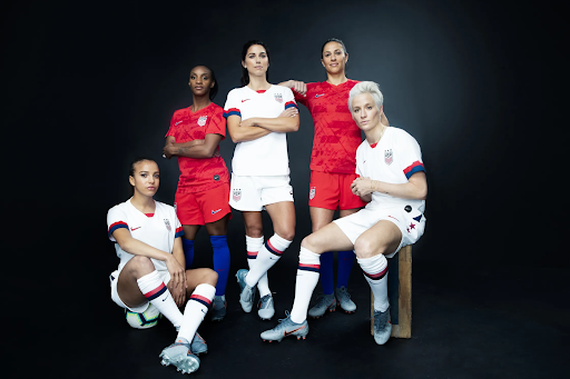 U.S. Women’s National Team players Mallory Pugh, Crystal Dunn, Alex Morgan, Carli Lloyd, and Megan Rapinoe model their new World Cup kits by Nike in 2019.