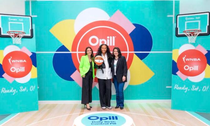 From left, WNBA Chief Growth Officer Colie Edison, Betnijah Laney of the WNBA’s New York Liberty, and Perrigo’s Leila Bahbah at today’s announcement that Opill will partner with the league for its draft and for an educational campaign on reproductive health.