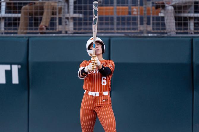 No. 2 Texas softball senior center fielder Bella Dayton prepares for an at-bat.