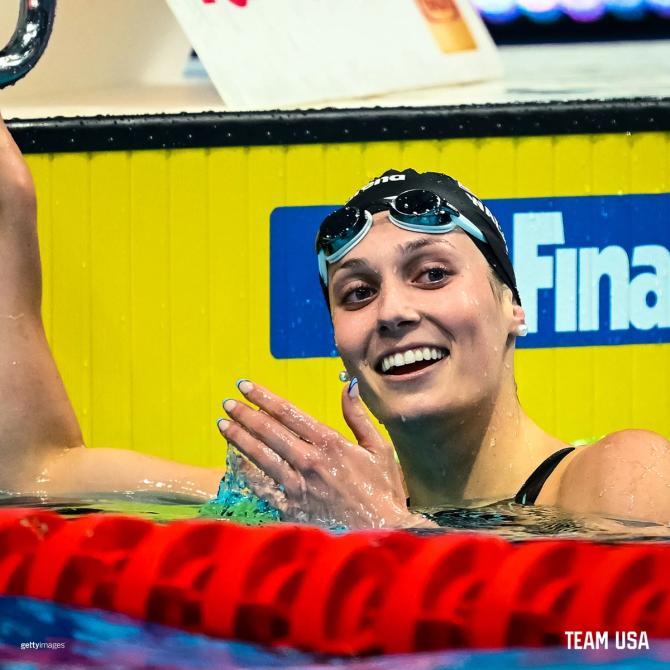 2024 Virginia grad and Team USA swimmer Alex Walsh smiles at the end of a race.