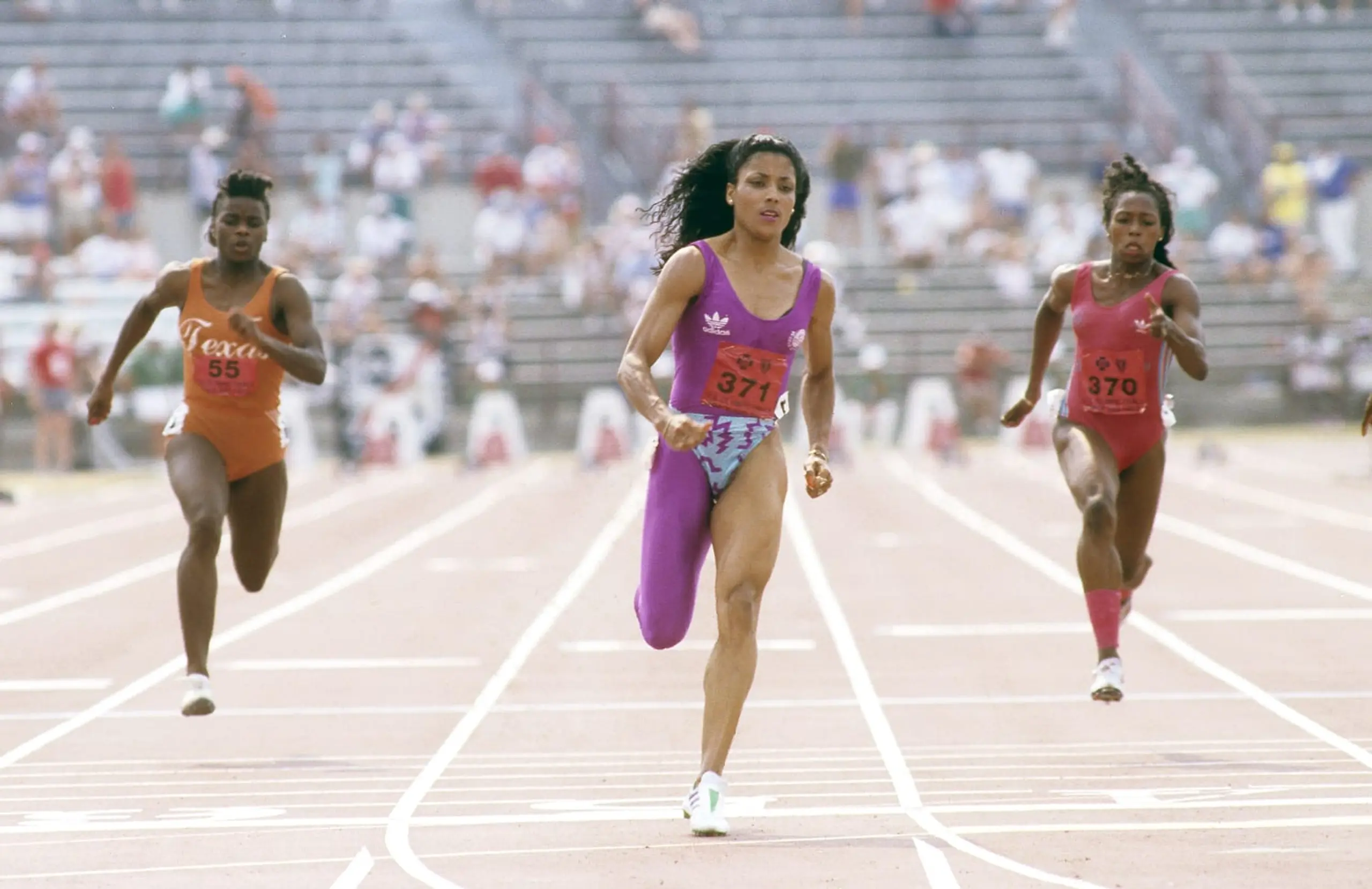 Florence Griffith Joyner competes at the 1988 U.S. Track and Field Olympic Trials in Indianapolis, Indiana.