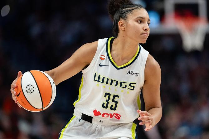 Azzi Fudd #35 of the Dallas Wings brings the ball up the court during the second half of the game against the Portland Fire.