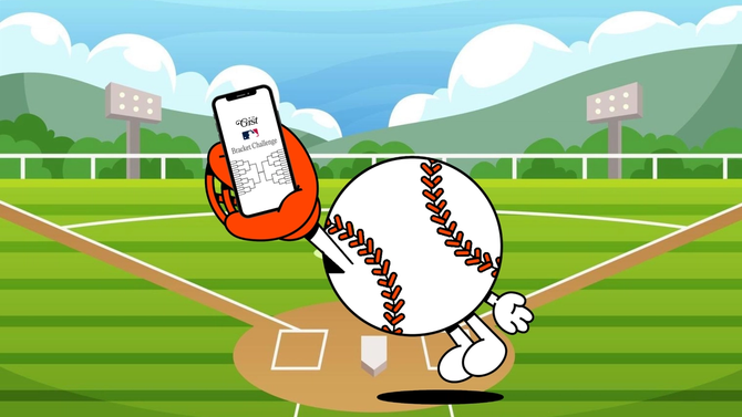 Cartoon basketball on a field with a phone in hand displaying The GIST bracket challenge