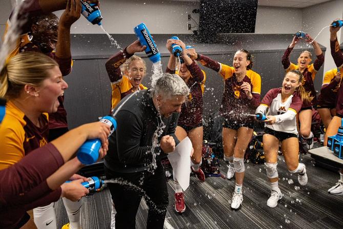 The No. 18 Minnesota women’s volleyball team celebrates their Monday takedown of No. 1 Texas.