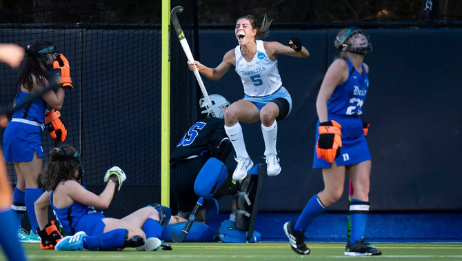 UNC field hockey player celebrates