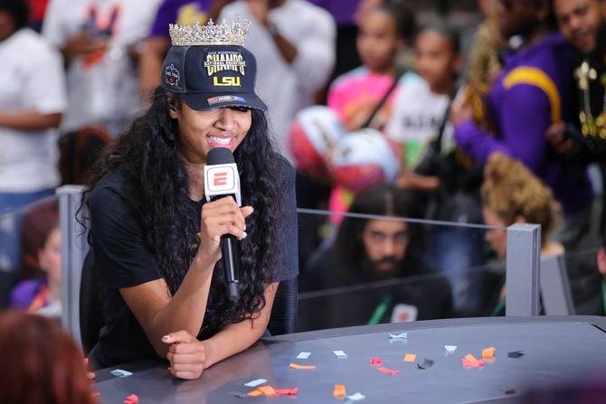 Angel Reese #10 of the LSU Lady Tigers joins ESPN for an interview after defeating the Iowa Hawkeyes during the 2023 NCAA Women's Basketball Tournament National Championship at American Airlines Center on April 2, 2023 in Dallas, Texas.