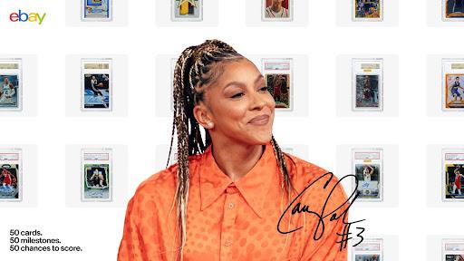 Candace Parker smiles in front of a background of sports trading cards.