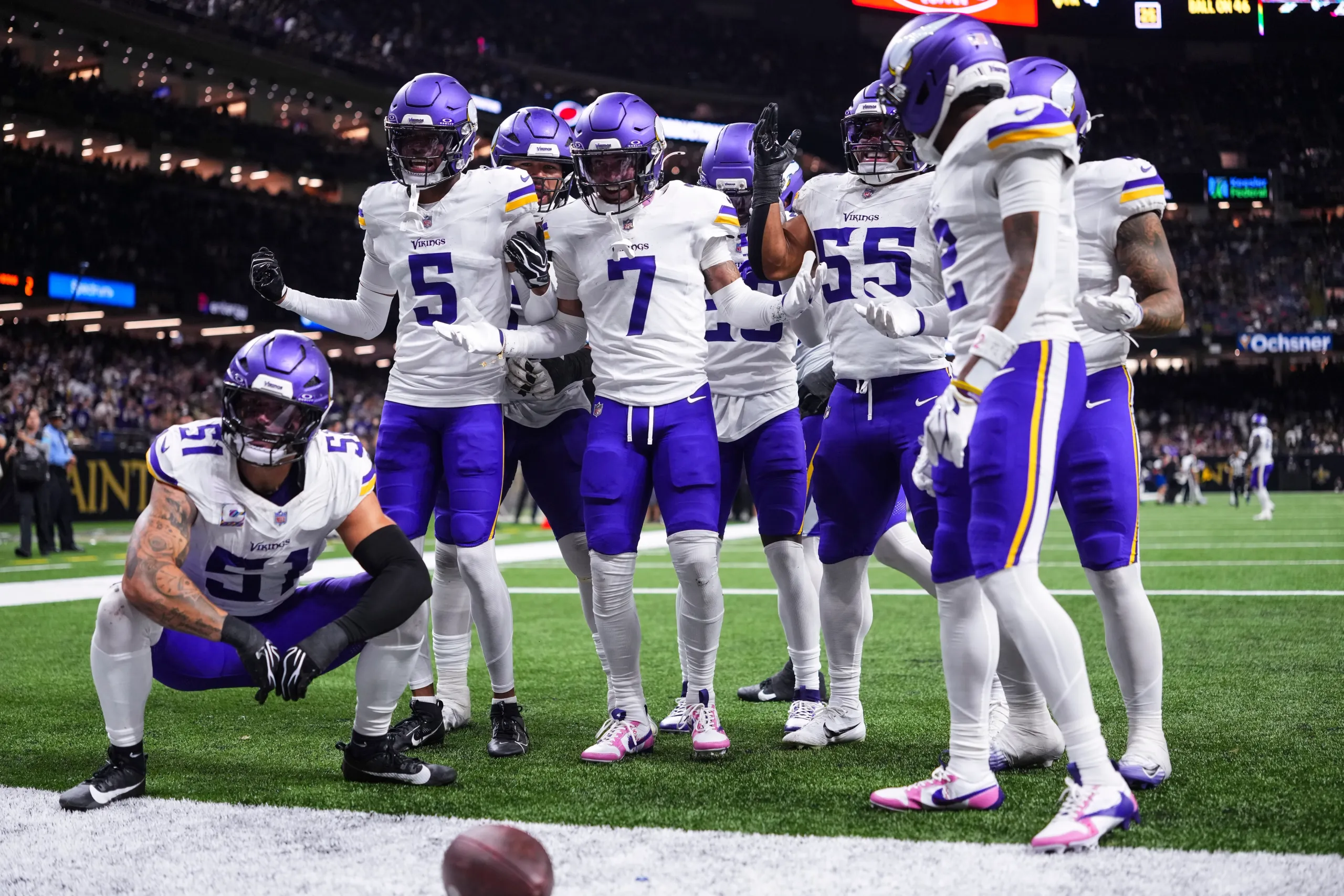 The Minnesota Vikings defense celebrates a turnover in Week 5.