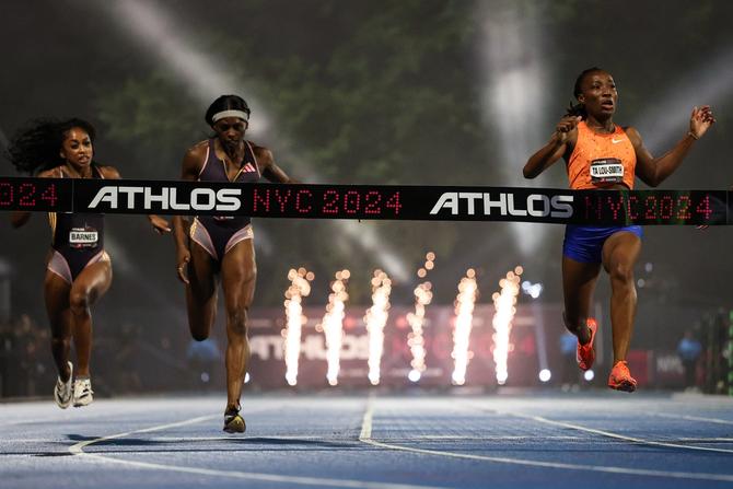 Marie-Josee Ta Lou-Smith of Côte d'Ivoire wins the 100m during Athlos NYC at Icahn Stadium on September 26, 2024 in New York City.