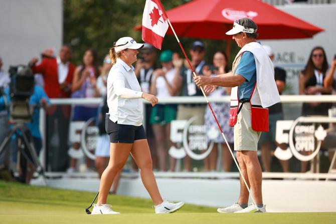 Lauren Coughlin of the United States reacts on the 18th green after the final round of the CPKC Women's Open at Earl Grey Golf Club on July 28, 2024 in Calgary, Alberta