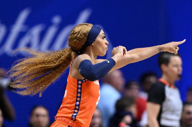 DiJonai Carrington #21 of the Connecticut Sun reacts after making a three-point basket against the Indiana Fever during the second half at the Mohegan Sun Arena on June 10, 2024 in Uncasville, Connecticut. NOTE TO USER: User expressly acknowledges and agrees that, by downloading and or using this photograph, User is consenting to the terms and conditions of the Getty Images License Agreement.