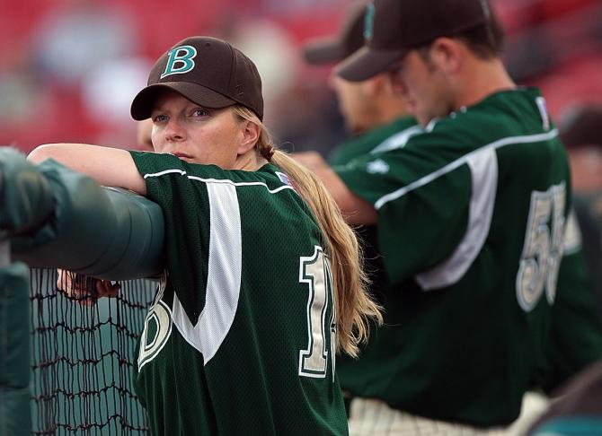 Brockton Rox coach Justine Siegal pictured in the dugout during a game on Tuesday, June 02, 2009.