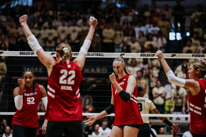 Wisconsin celebrates during its sweep of conference rival Purdue.