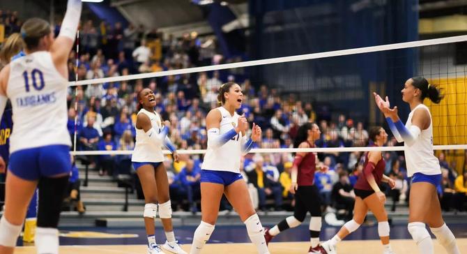 No. 1 Pittsburgh volleyball team celebrates.