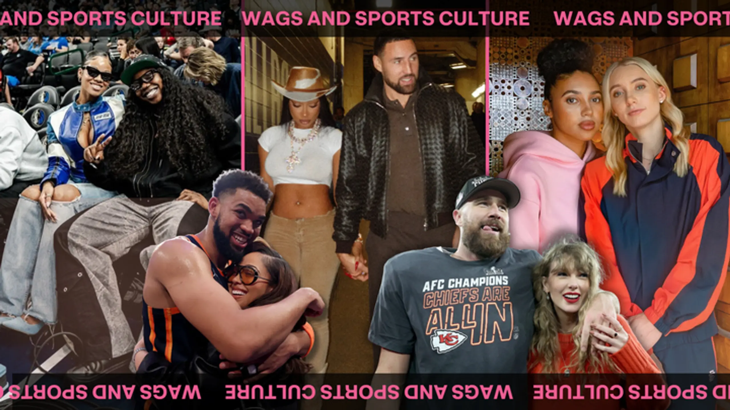 A collage of famous sports couples, clockwise: Arike Ogunbowale and LaLa Ronay, Megan Thee Stallion and Klay Thompson, Azzi Fudd and Paige Bueckers, Travis Kelce and Taylor Swift, and Karl-Anthony Towns and Jordyn Woods.