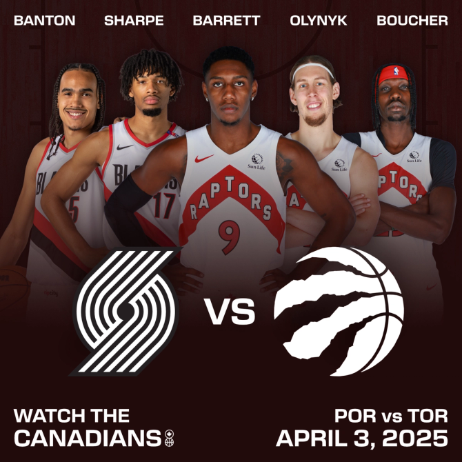 A graphic of Toronto Raptors players to promote their April 3rd game against the Portland Trail Blazers