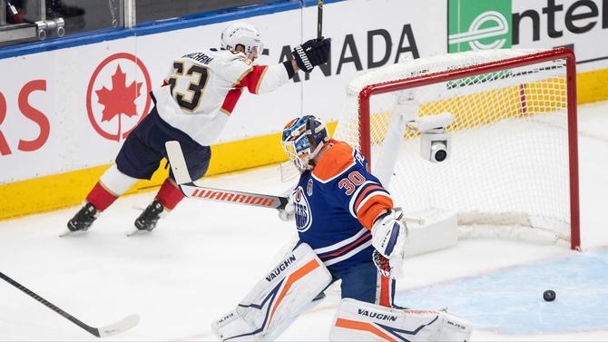 Florida Panther Brad Marchand celebrates after scoring in Game 5 of the Stanley Cup Final.