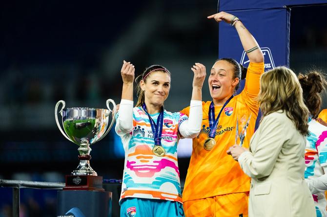Alex Morgan #13 of San Diego Wave FC celebrates after the 2024 NWSL Challenge Cup against NJ/NY Gotham FC at Red Bull Arena on March 15, 2024 in Harrison, New Jersey.