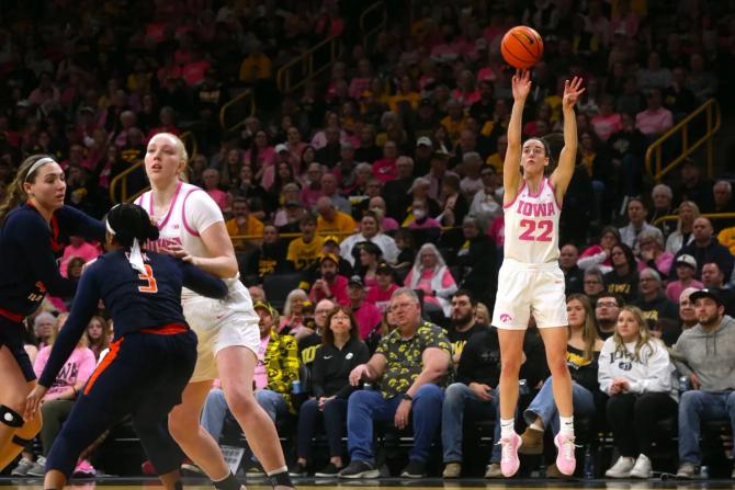 Iowa Hawkeye Caitlin Clark shoots the basketball during an NCAA basketball game.