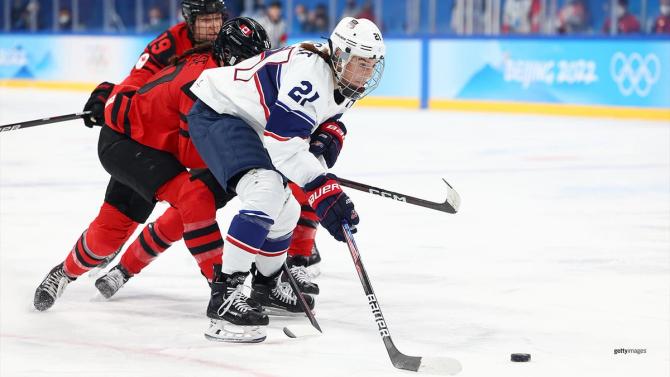 Hilary Knight skates away with the puck against Team Canada.