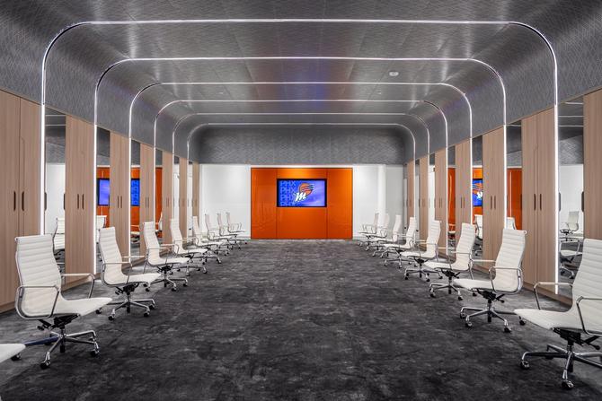 A photo of the Phoenix Mercury locker room in the team’s new practice facility in Phoenix, Arizona.