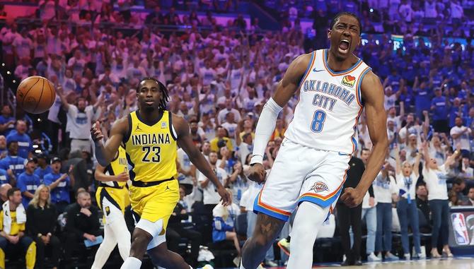 OKC’s Jalen Williams reacts after scoring an important bucket against the Indiana Pacers.