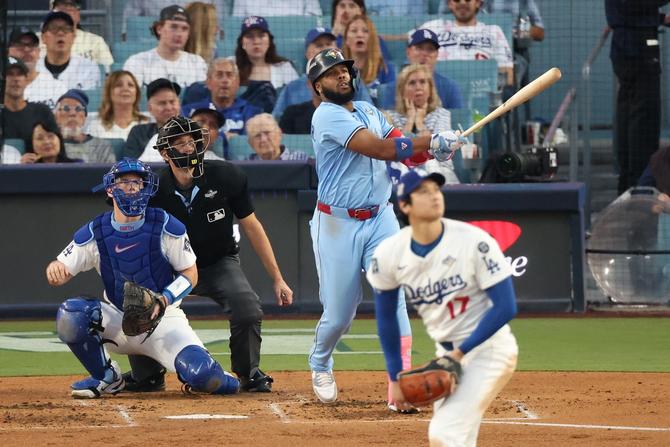 Vladimir Guerrero Jr. #27 of the Toronto Blue Jays looks on after hitting a two-run home run in the third inning against the Los Angeles Dodgers in game four of the 2025 World Series at Dodger Stadium