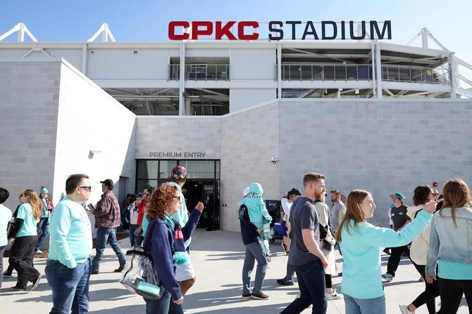 Fans enter the first stadium purpose-built for women's soccer on opening day prior to the match between the Portland Thorns FC and the Kansas City Current at CPKC Stadium on March 16, 2024 in Kansas City, Missouri.