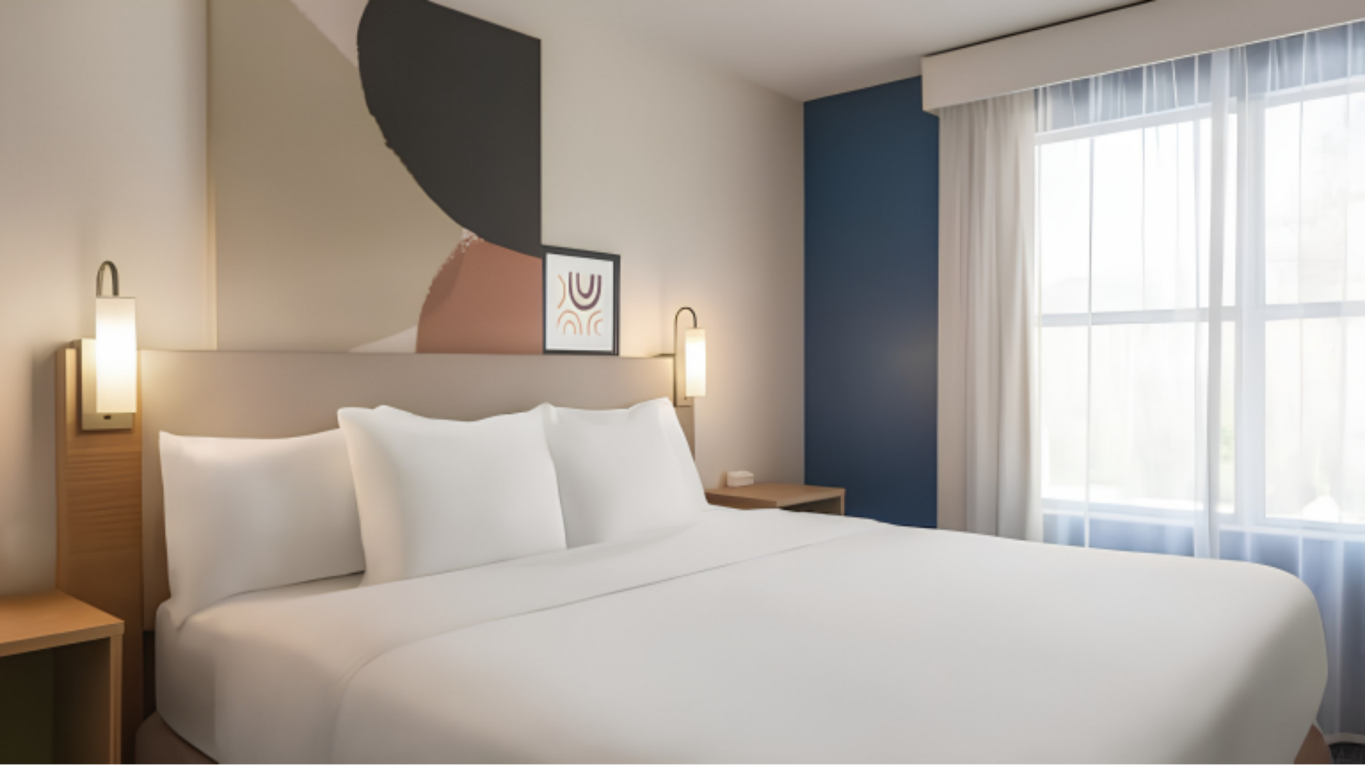 A pristine made bed in a sun-lit hotel room