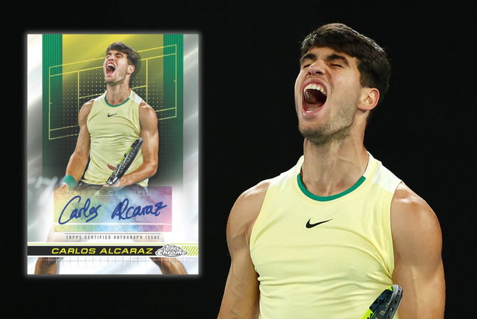 Carlos Alcaraz reacts after scoring a point. There is an inlay of the same photo to represent Carlos' Chrome Tennis card.