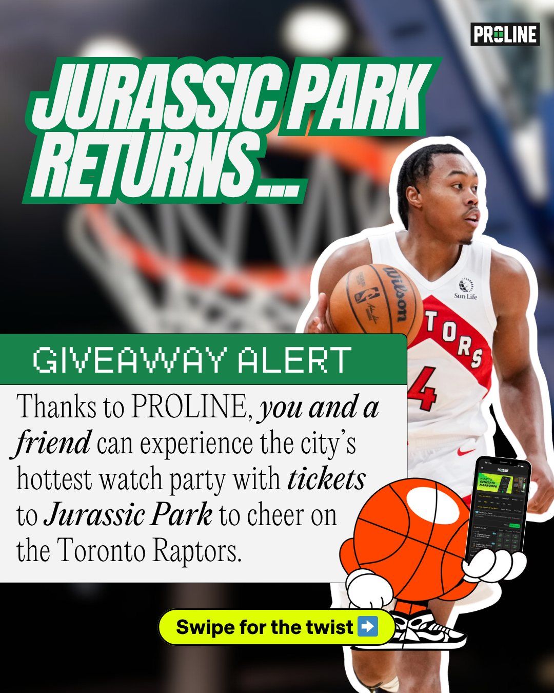 We teamed up with our pals at PROLINE to give away tickets to the ultimate Toronto Raptors watch party: Jurassic Park. 🏀🦖⁣