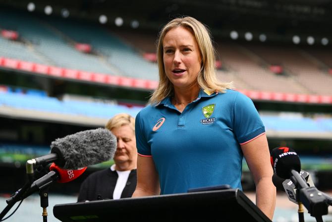 Ellyse Perry speaks to media during Cricket Australia's Women and Girls Action Plan Launch at Melbourne Cricket Ground on April 30, 2024 in Melbourne, Australia.