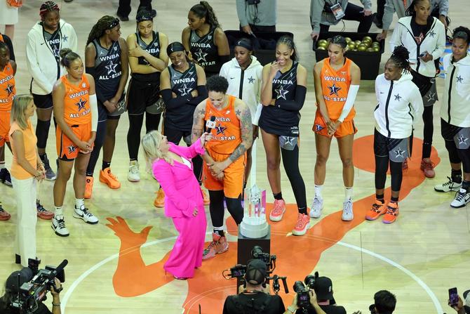 ESPN reporter Holly Rowe interviews Brittney Griner #42 of Team Stewart after the 2023 WNBA All-Star Game