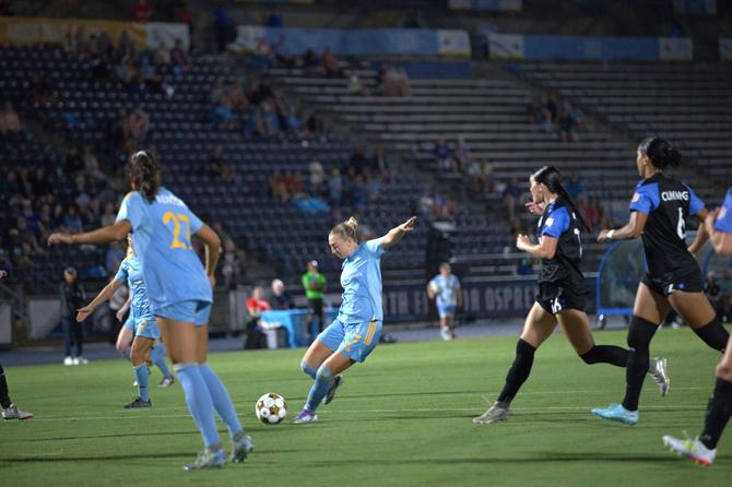 Sporting JAX player shoots the ball in team’s debut game.