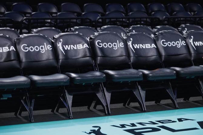 A view of Google and WNBA branded seats courtside prior to the game between the New York Liberty and the Washington Mystics before Game Two of Round One of the 2023 Playoffs at the Barclays Center on September 19, 2023 in the Brooklyn borough of New York City.