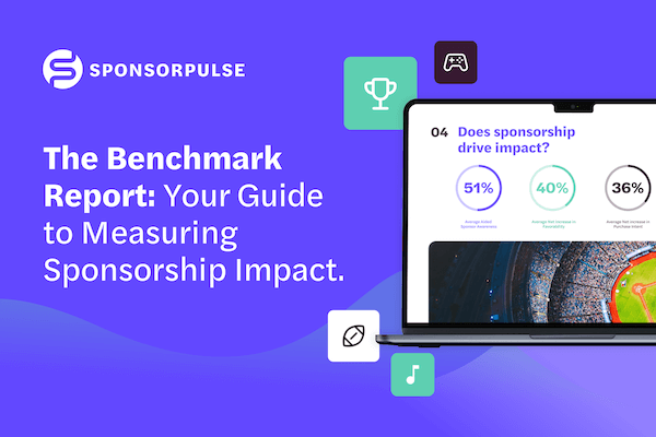 A SponsorPulse graphic that reads "The Benchmark Report: Your Guide to Measuring Sponsorship Impact". There is a computer screen and other icons on the right.