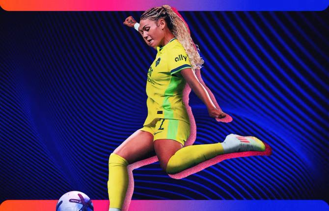 Trinity Rodman kicking a soccer ball. 