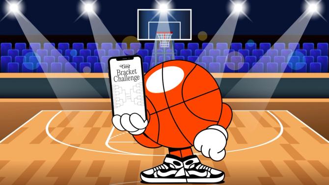 An animated basketball stands on a basketball court holding a phone under the bright lights. The phone is open to the GIST's bracket challenge. 