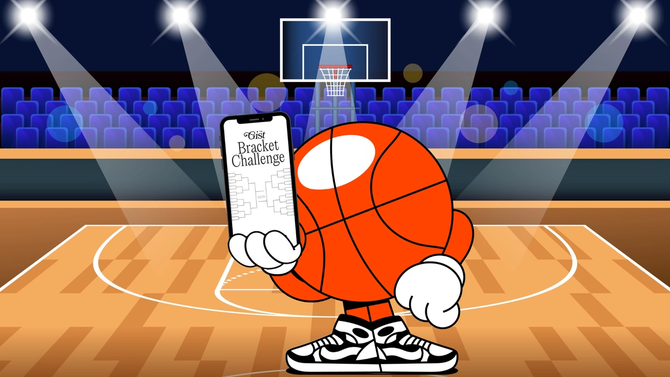 An animated basketball stands on a basketball court holding a phone under the bright lights. The phone is open to the GIST's bracket challenge.