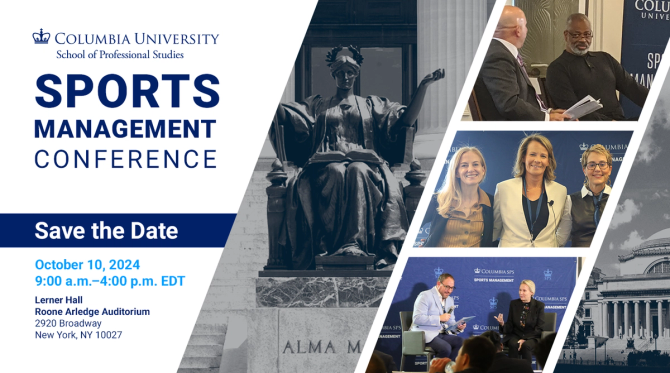A graphic sharing information about Columbia's sports management conference alongside photos of the campus and staff members.